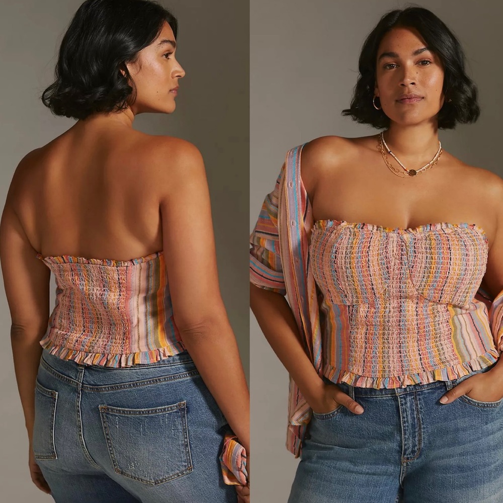 NWT $88 Anthropologie x Pilcro Peach Rainbow Smocked Pullover Top XL - Picture 3 of 12